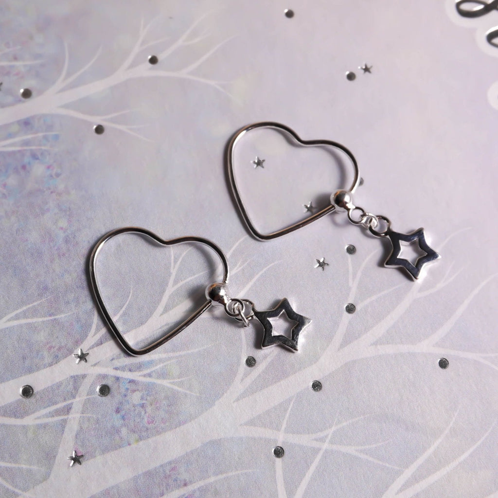 Celestial Heart & Star Sterling Silver Hoop Earrings - Roseraie Gal