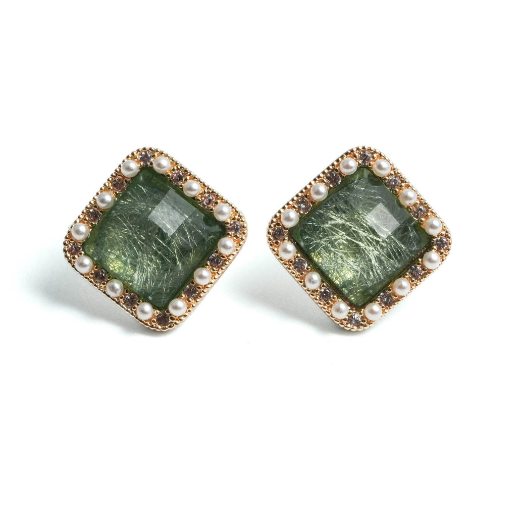 Green Glimmer Square Stud Earrings - Roseraie Gal