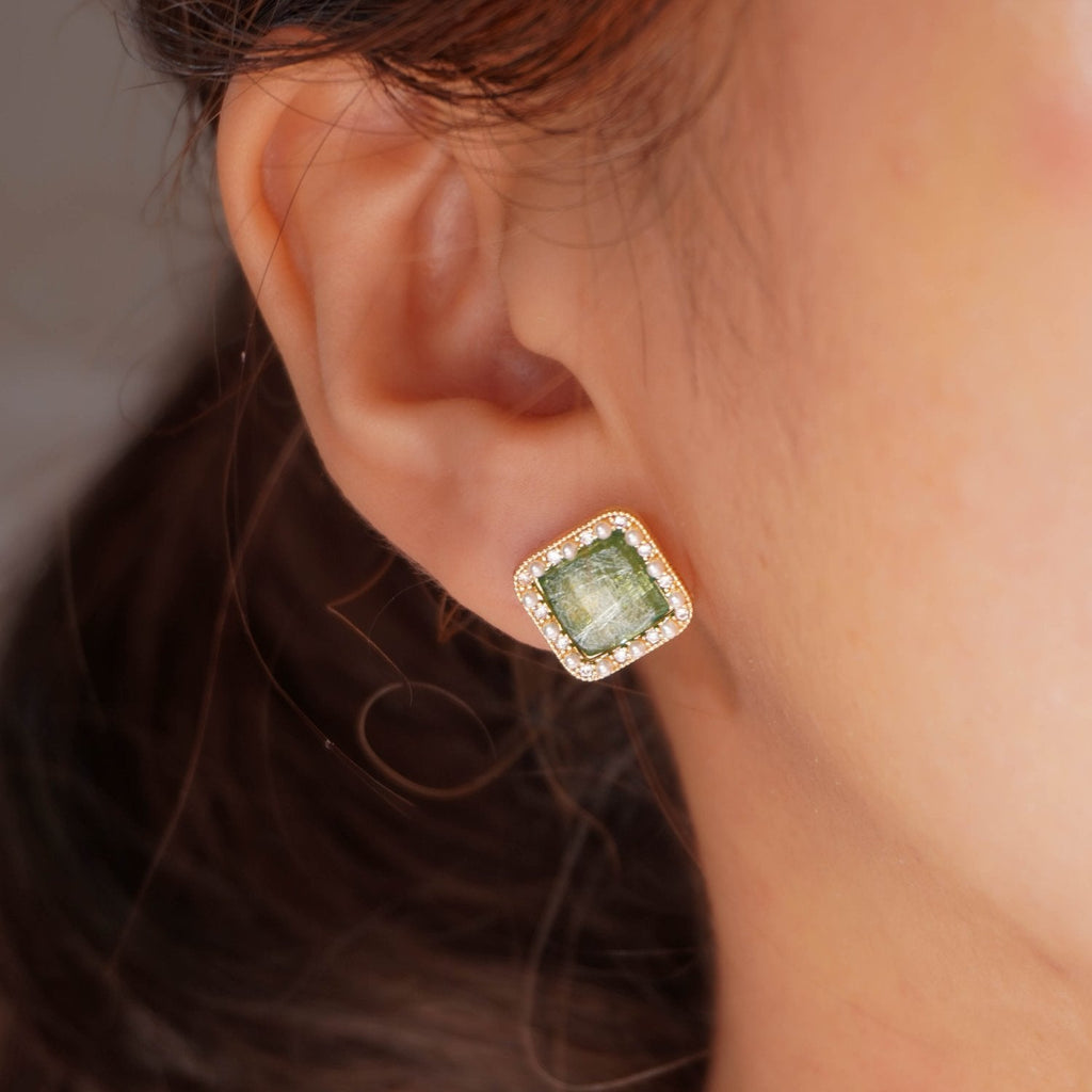 Green Glimmer Square Stud Earrings - Roseraie Gal