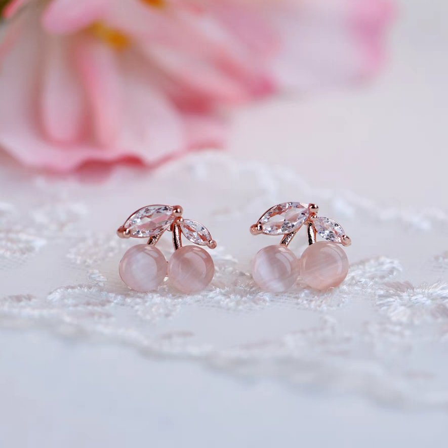 Pink Cat's Eye Cherry Stud Earrings - Roseraie Gal