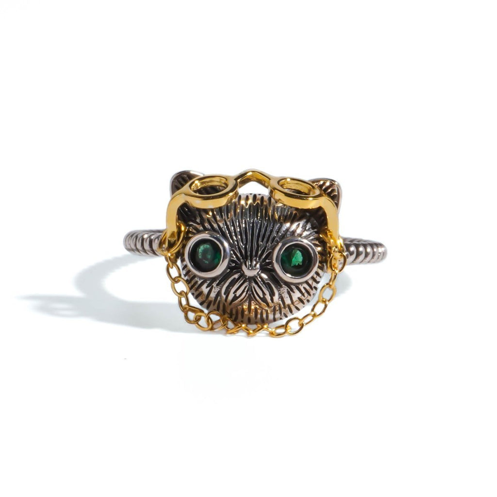 Quirky Cat Thai Silver Ring with Movable Glasses - Roseraie Gal