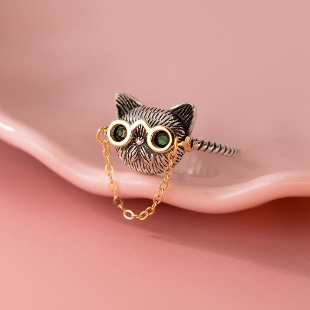 Quirky Cat Thai Silver Ring with Movable Glasses - Roseraie Gal