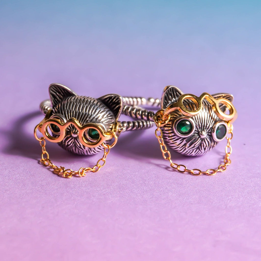 Quirky Cat Thai Silver Ring with Movable Glasses - Roseraie Gal