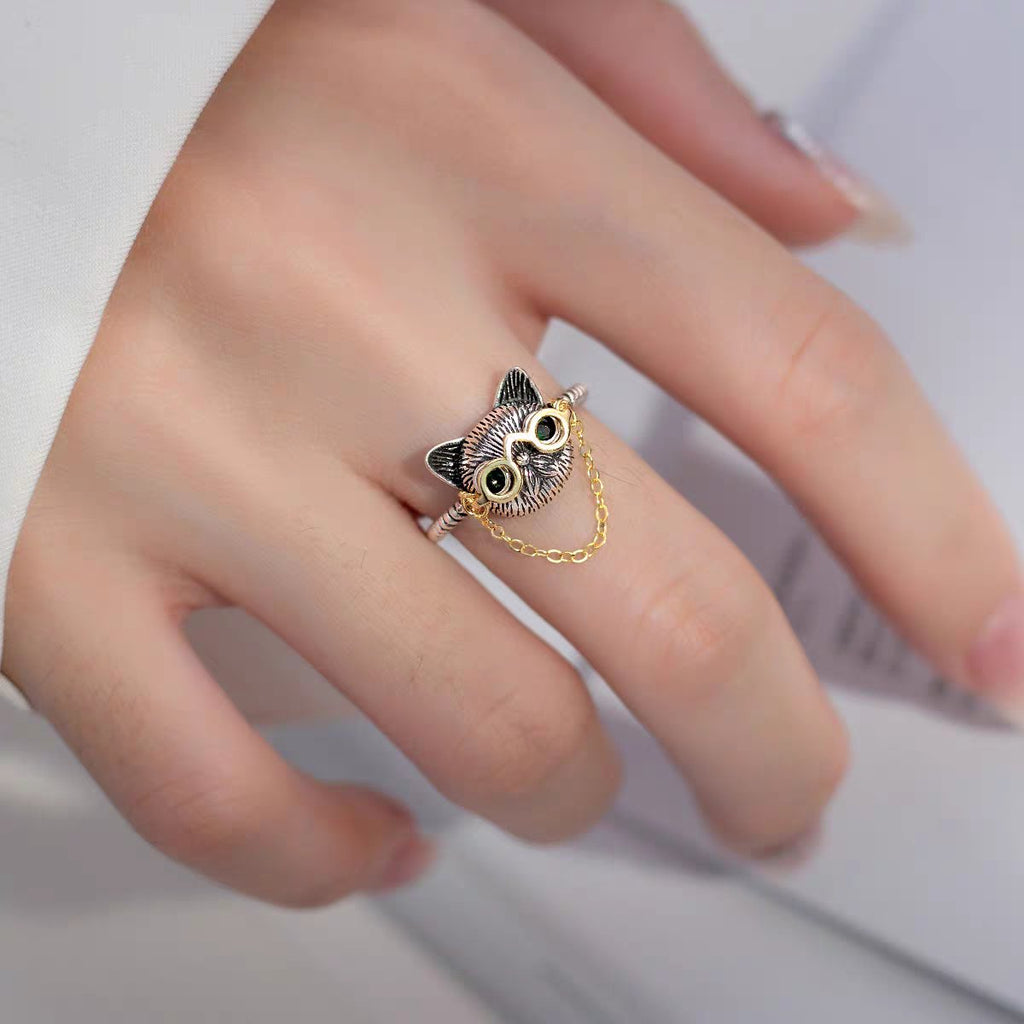 Quirky Cat Thai Silver Ring with Movable Glasses - Roseraie Gal