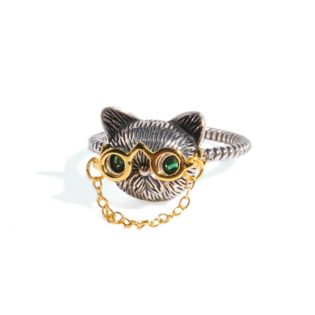 Quirky Cat Thai Silver Ring with Movable Glasses - Roseraie Gal