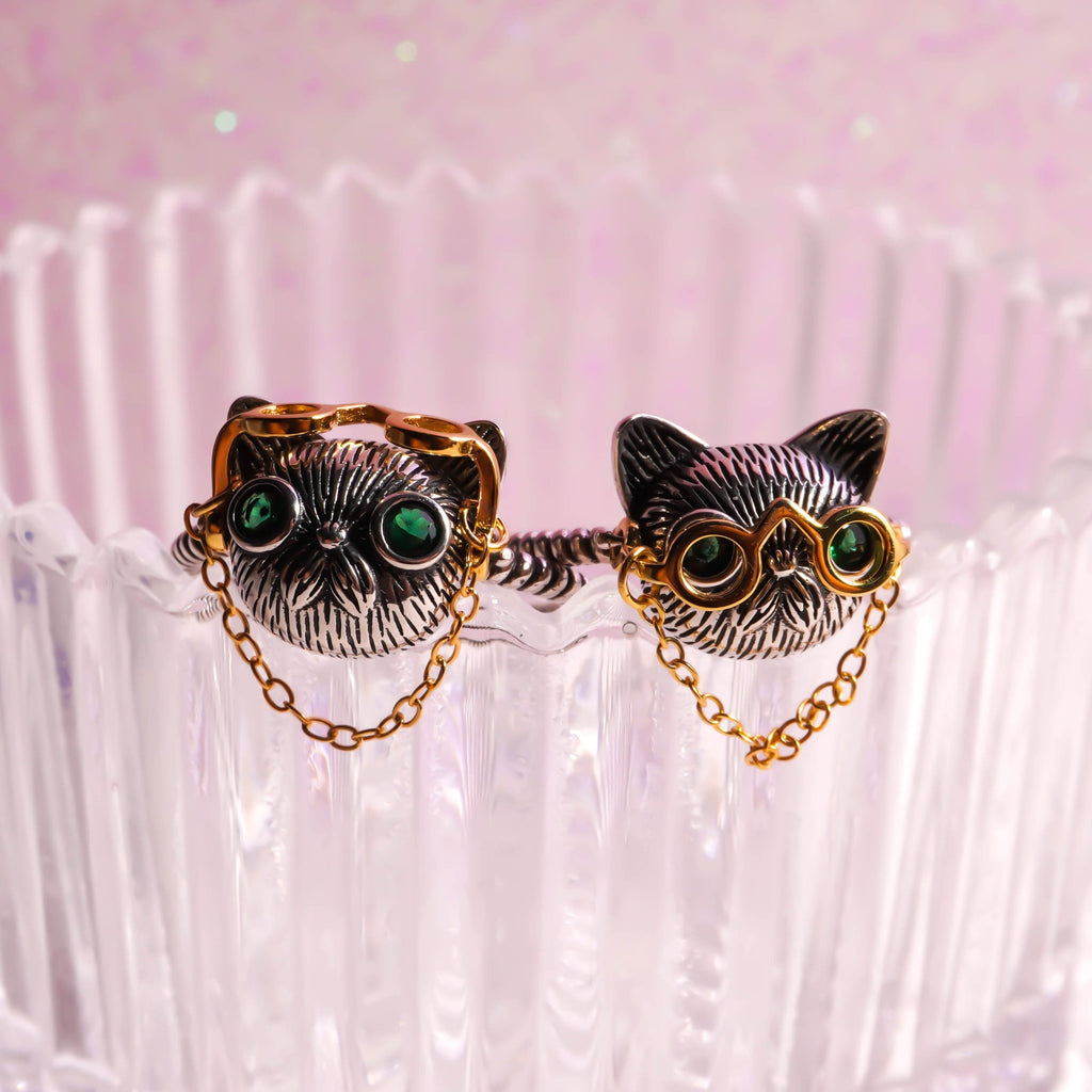 Quirky Cat Thai Silver Ring with Movable Glasses - Roseraie Gal