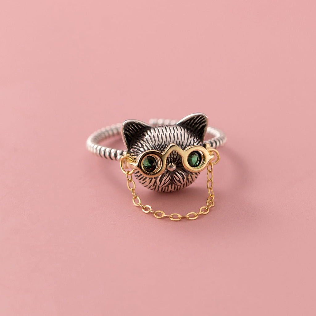 Quirky Cat Thai Silver Ring with Movable Glasses - Roseraie Gal