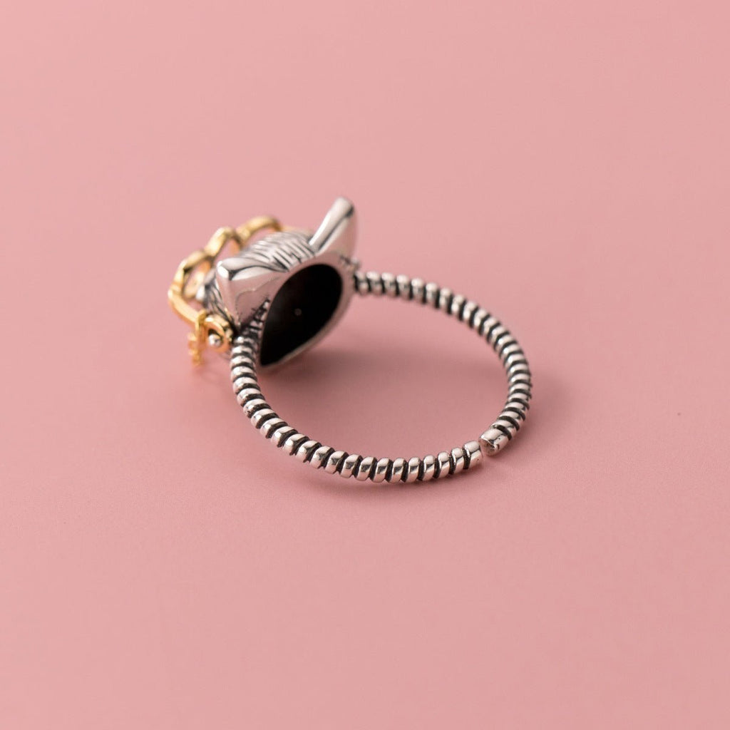 Quirky Cat Thai Silver Ring with Movable Glasses - Roseraie Gal