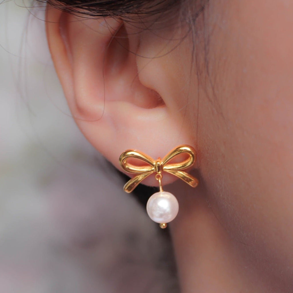 Ribbon Pearl Dangle Earrings - Roseraie Gal