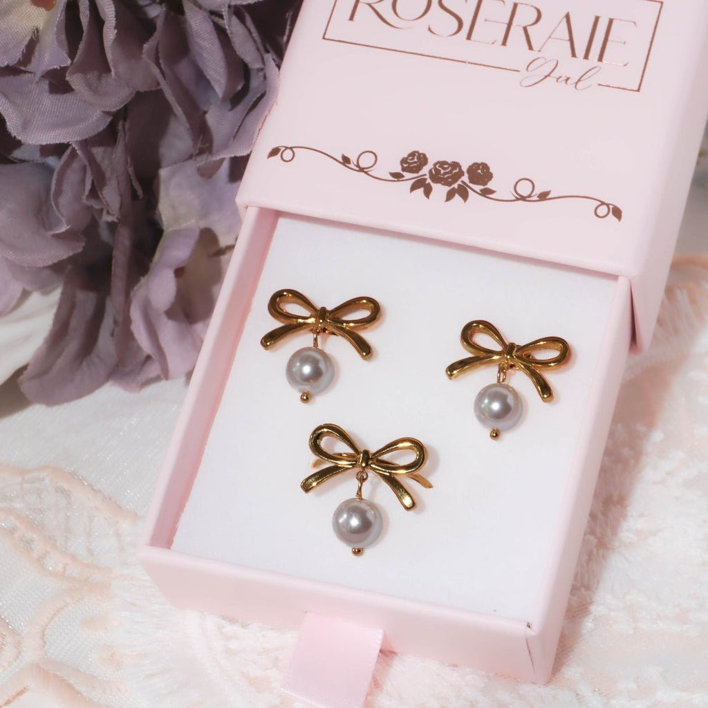 Ribbon Pearl Dangle Earrings - Roseraie Gal