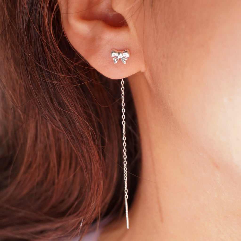 Silver Bow Threader Earrings - Roseraie Gal