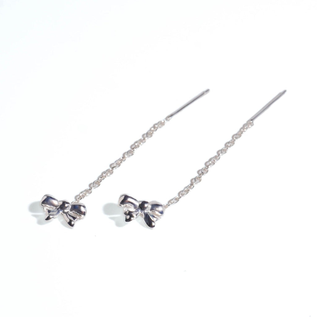 Silver Bow Threader Earrings - Roseraie Gal