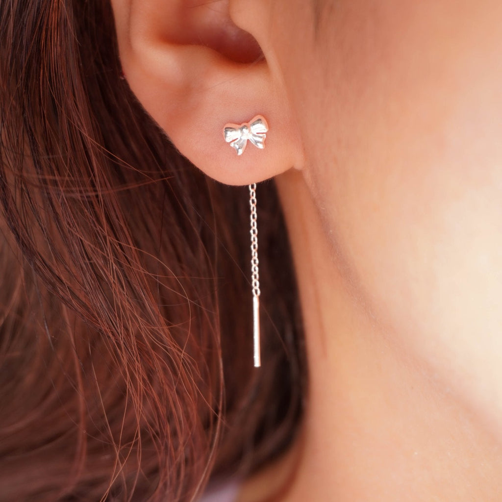 Silver Bow Threader Earrings - Roseraie Gal