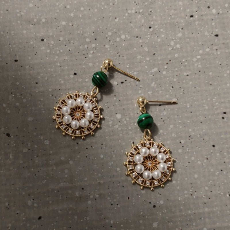 Malachite Pearls Drop Earrings - Roseraie Gal
