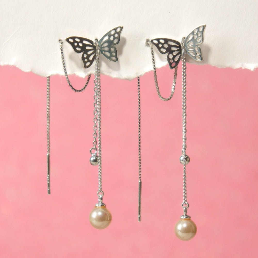 Monarch Butterfly Pearly Dangle Threader Earrings - Roseraie Gal