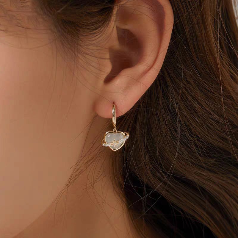Opal Heart Planet Huggie Earrings - Roseraie Gal