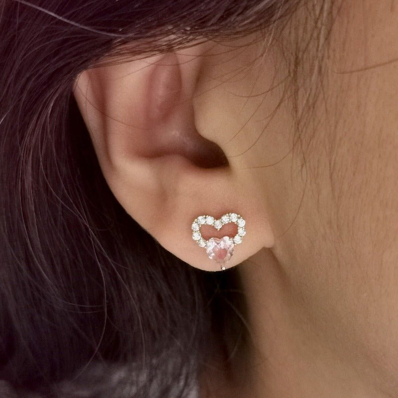Pink Gem Heart In Heart Stud Earrings - Roseraie Gal