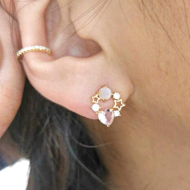 Pink Gem Heart Stud Earrings - Roseraie Gal