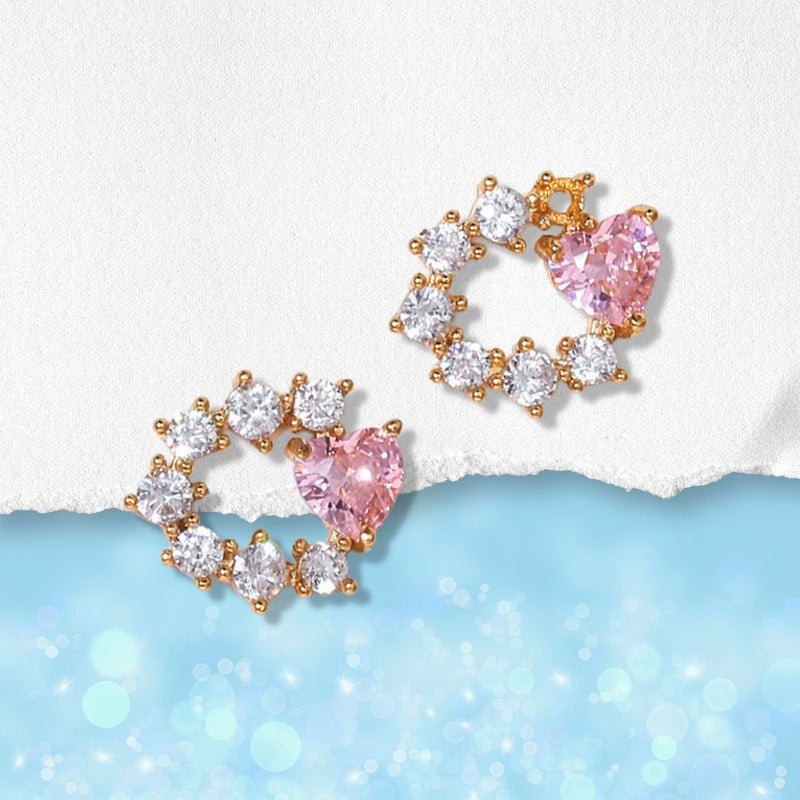 Pink Gem With Heart Stud Earrings - Roseraie Gal