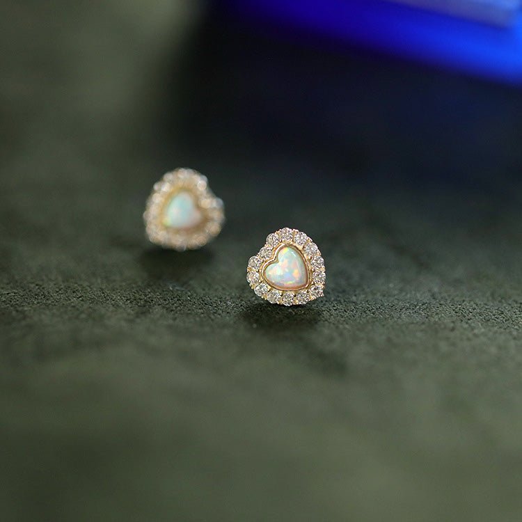 Tiny Opal Heart Stud Earrings - Roseraie Gal