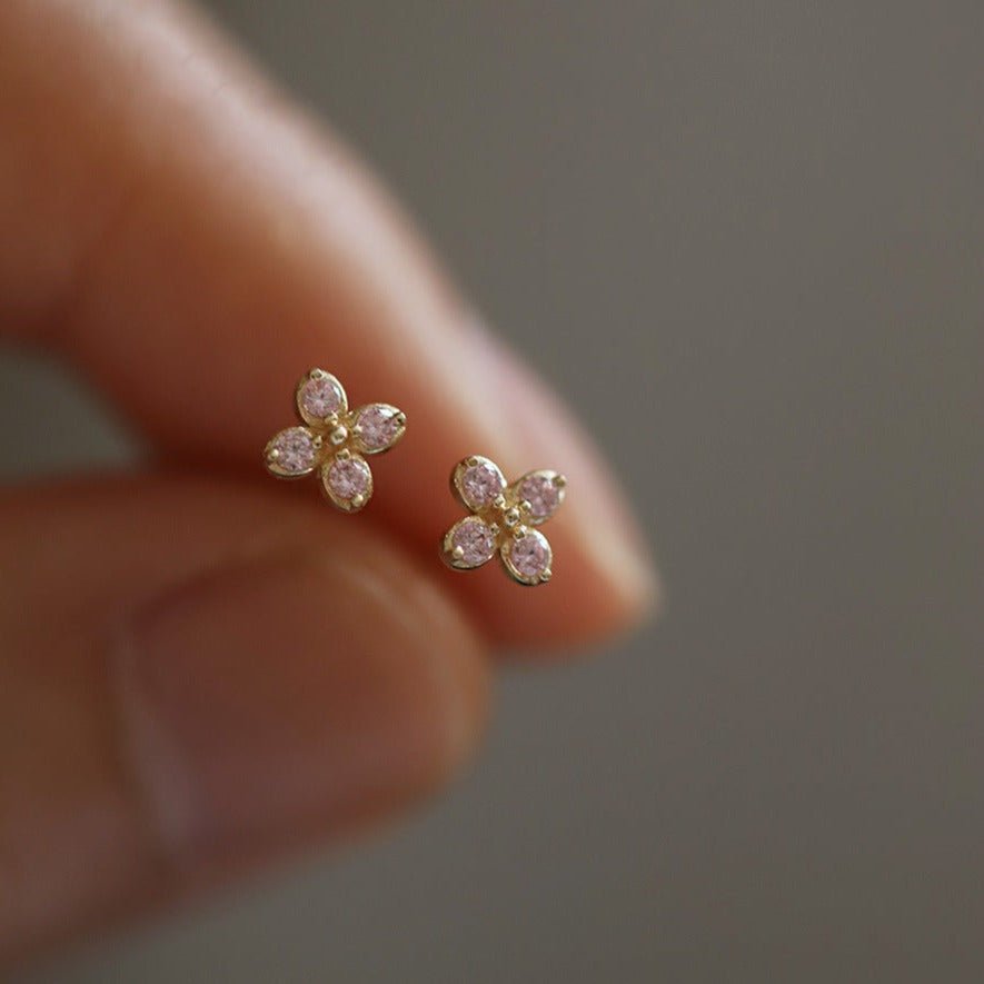 Tiny Pink Four Petal Flower Stud Earrings - Roseraie Gal