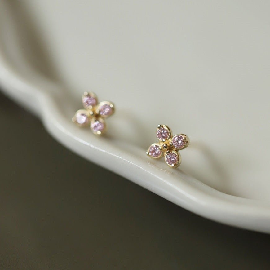 Tiny Pink Four Petal Flower Stud Earrings - Roseraie Gal